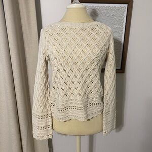 LOFT Mixed Pointelle Wide Sleeve Boatneck Textured Cream Sweater